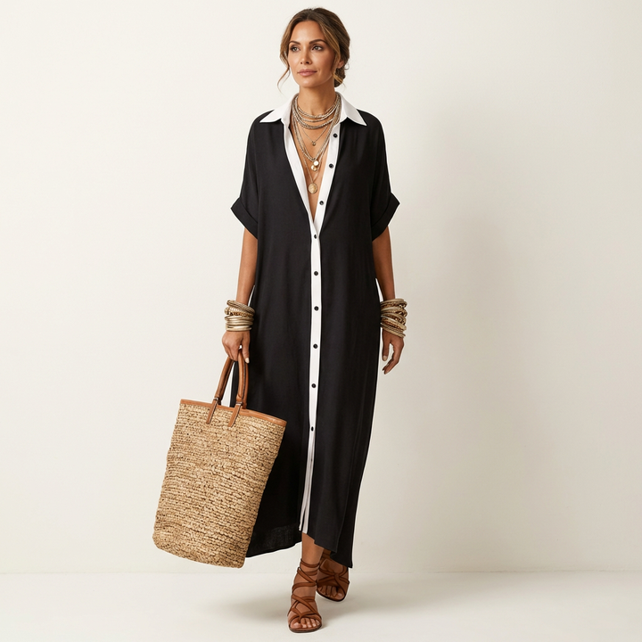 KAMIRA | CONTRAST-COLLAR BUTTON-FRONT MAXI DRESS FOR WOMEN