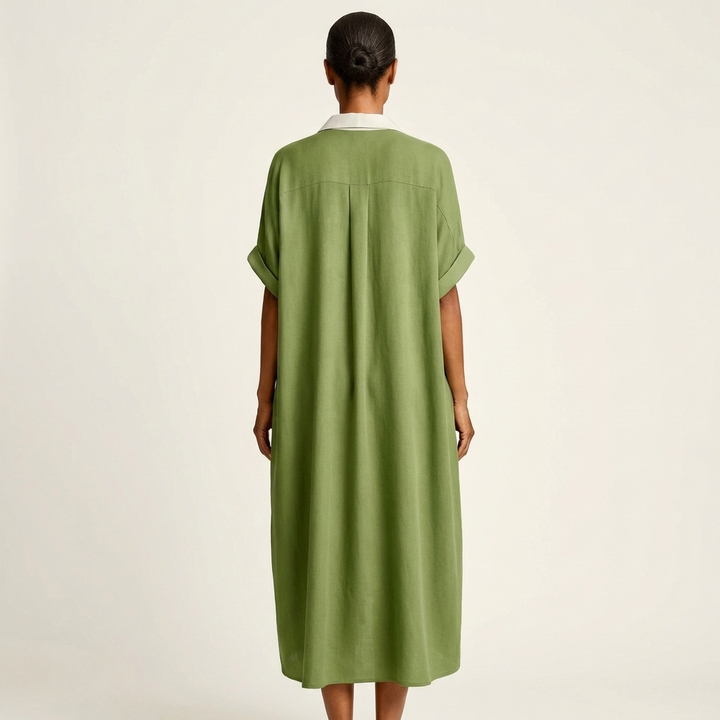 KAMIRA | CONTRAST-COLLAR BUTTON-FRONT MAXI DRESS FOR WOMEN
