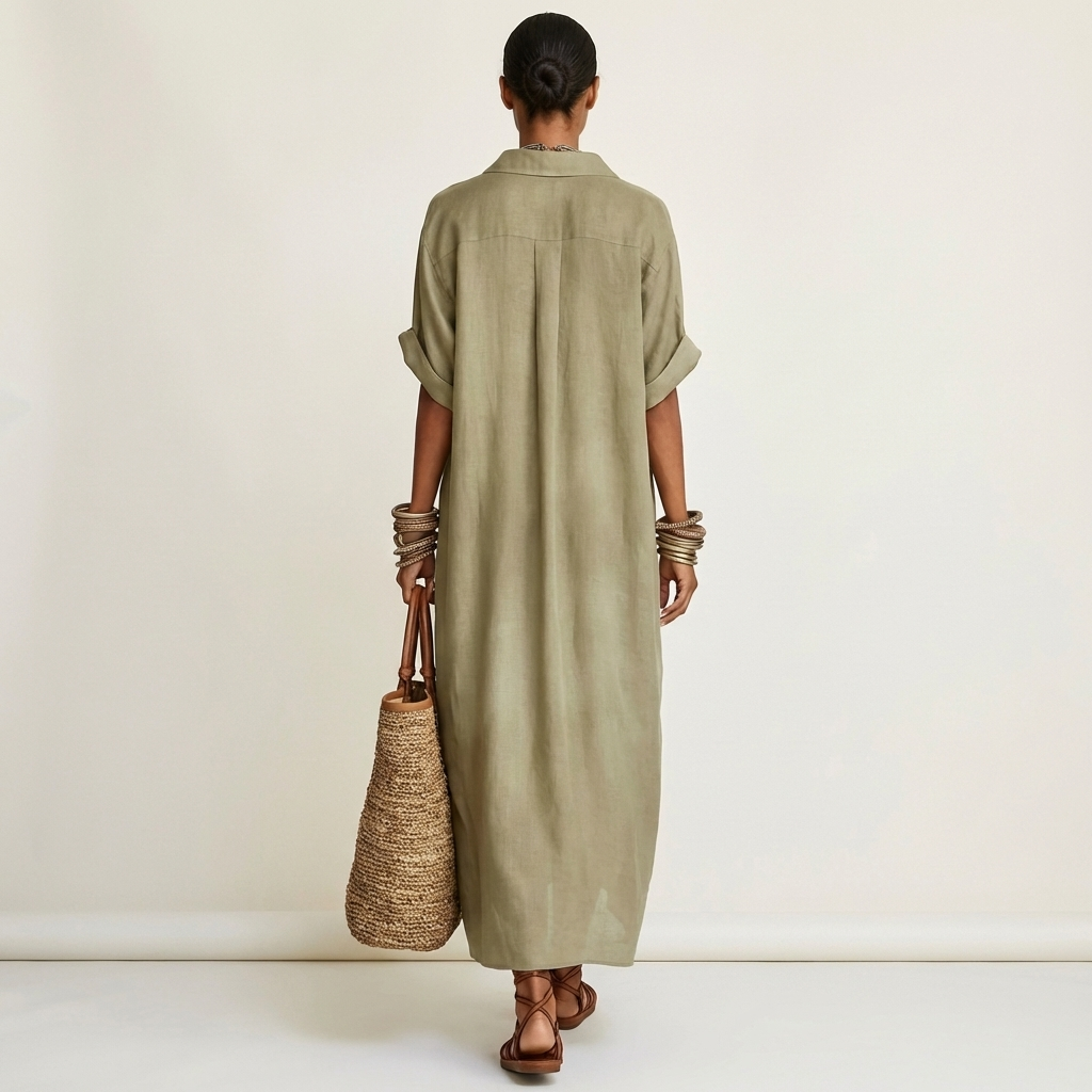 KAMIRA | CONTRAST-COLLAR BUTTON-FRONT MAXI DRESS FOR WOMEN