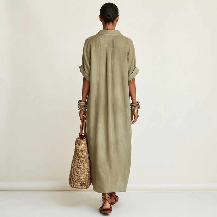 KAMIRA | CONTRAST-COLLAR BUTTON-FRONT MAXI DRESS FOR WOMEN