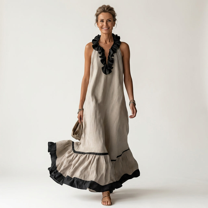MAYLINE | SLEEVELESS RUFFLE-NECK MAXI DRESS FOR WOMEN