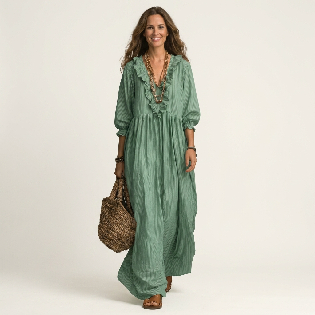 YOSETTA | RUFFLE V-NECK MAXI DRESS FOR WOMEN