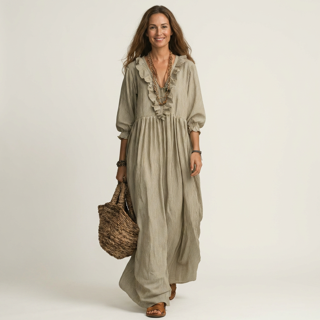 YOSETTA | RUFFLE V-NECK MAXI DRESS FOR WOMEN
