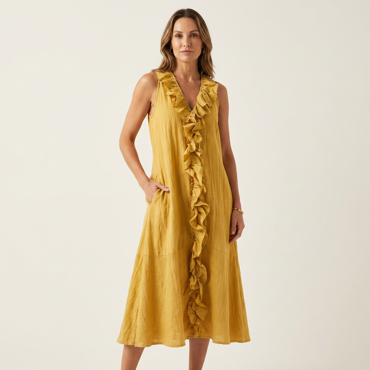 VICKY | RUFFLE-FRONT V-NECK MAXI DRESS FOR WOMEN