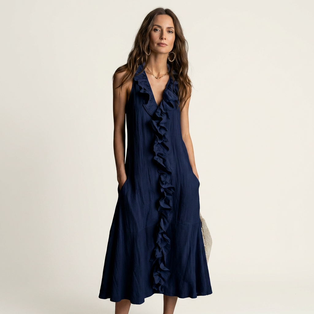 VICKY | RUFFLE-FRONT V-NECK MAXI DRESS FOR WOMEN
