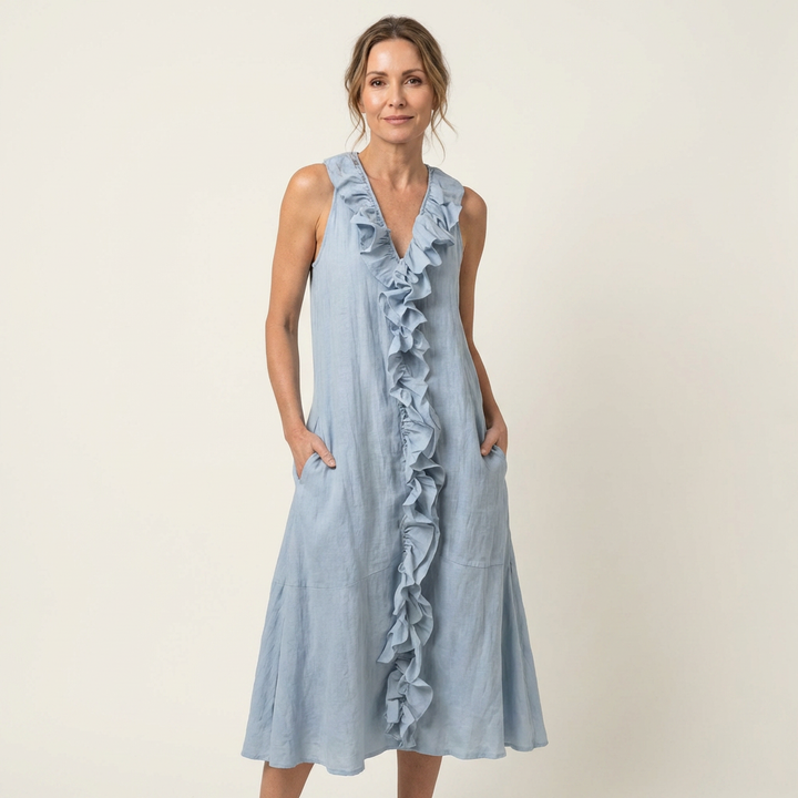 VICKY | RUFFLE-FRONT V-NECK MAXI DRESS FOR WOMEN