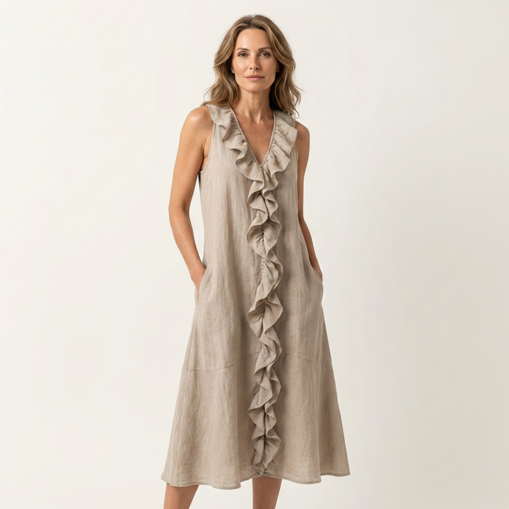 VICKY | RUFFLE-FRONT V-NECK MAXI DRESS FOR WOMEN
