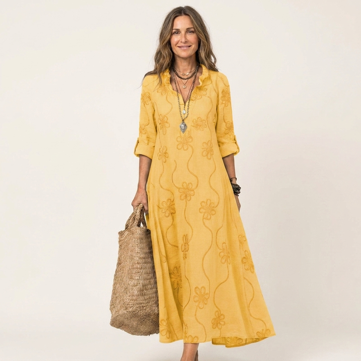 MARIAM | COTTON-LINEN MAXI FLORAL DRESS FOR WOMEN