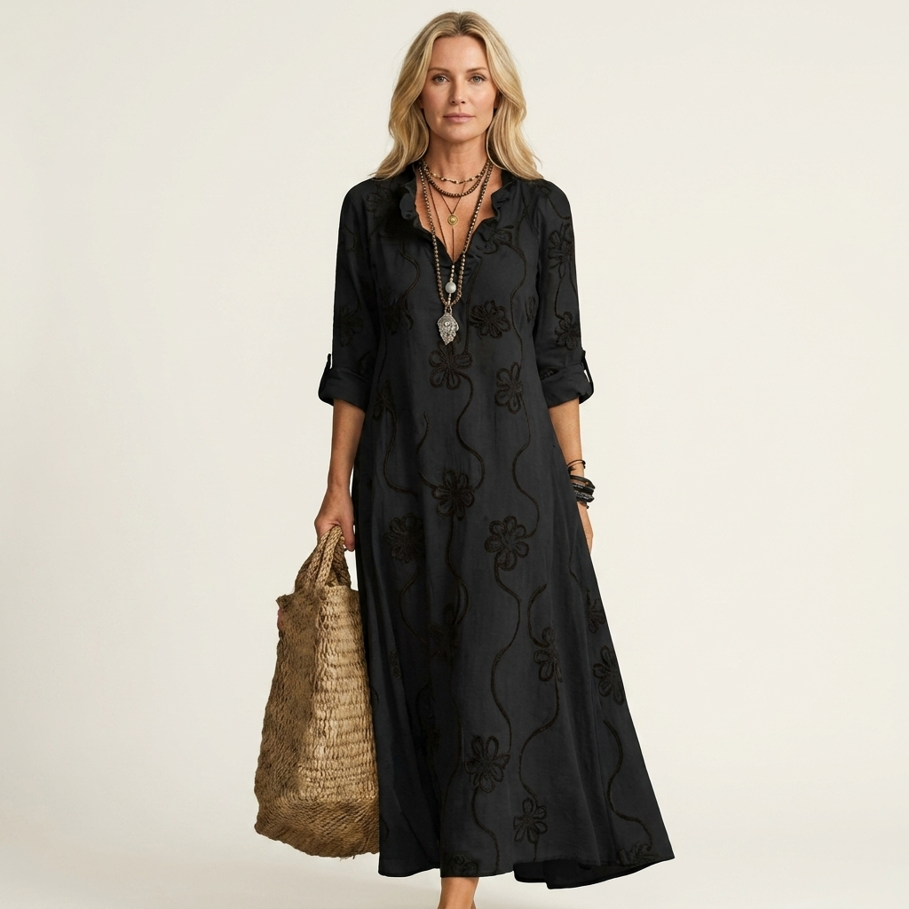 MARIAM | COTTON-LINEN MAXI FLORAL DRESS FOR WOMEN