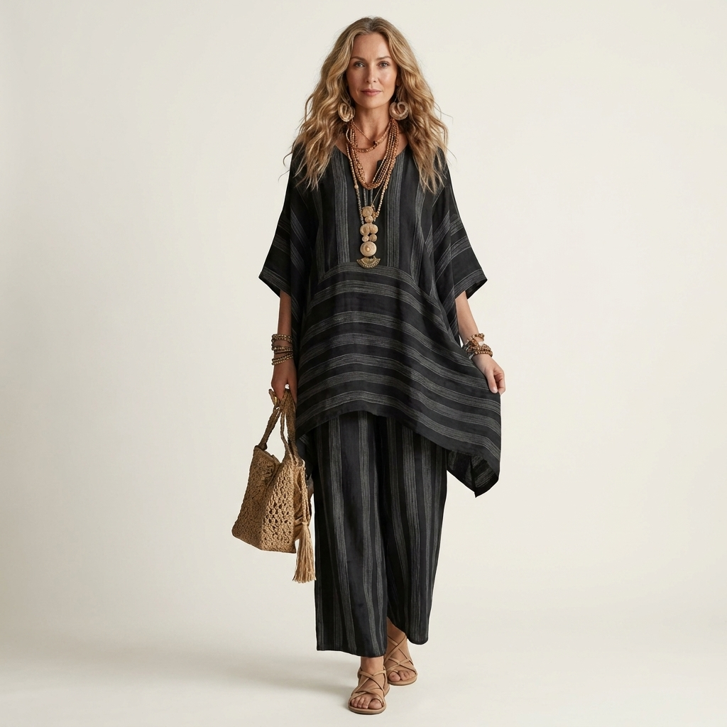 KIARA | TWO-PIECE STRIPED COTTON-LINEN DRESS FOR WOMEN