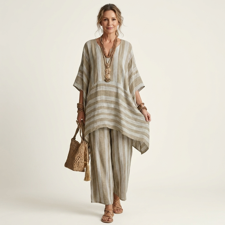 KIARA | TWO-PIECE STRIPED COTTON-LINEN DRESS FOR WOMEN