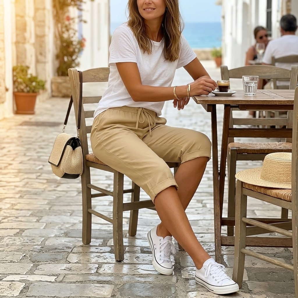 SOLENNA | COTTON-LINEN DRAWSTRING CAPRI TROUSERS FOR WOMEN