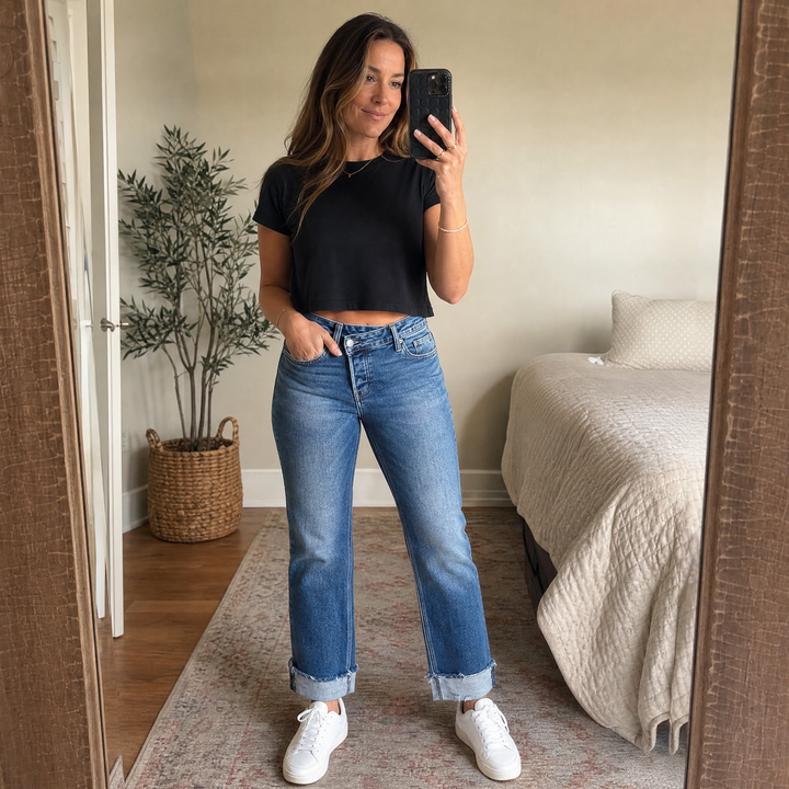 DENVIE | HIGH-WAISTED CROSSOVER STRAIGHT-LEG JEANS FOR WOMEN