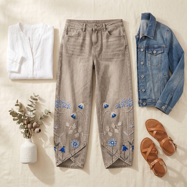 BLOOMARA | EMBROIDERED WIDE-LEG TULIP JEANS FOR WOMEN