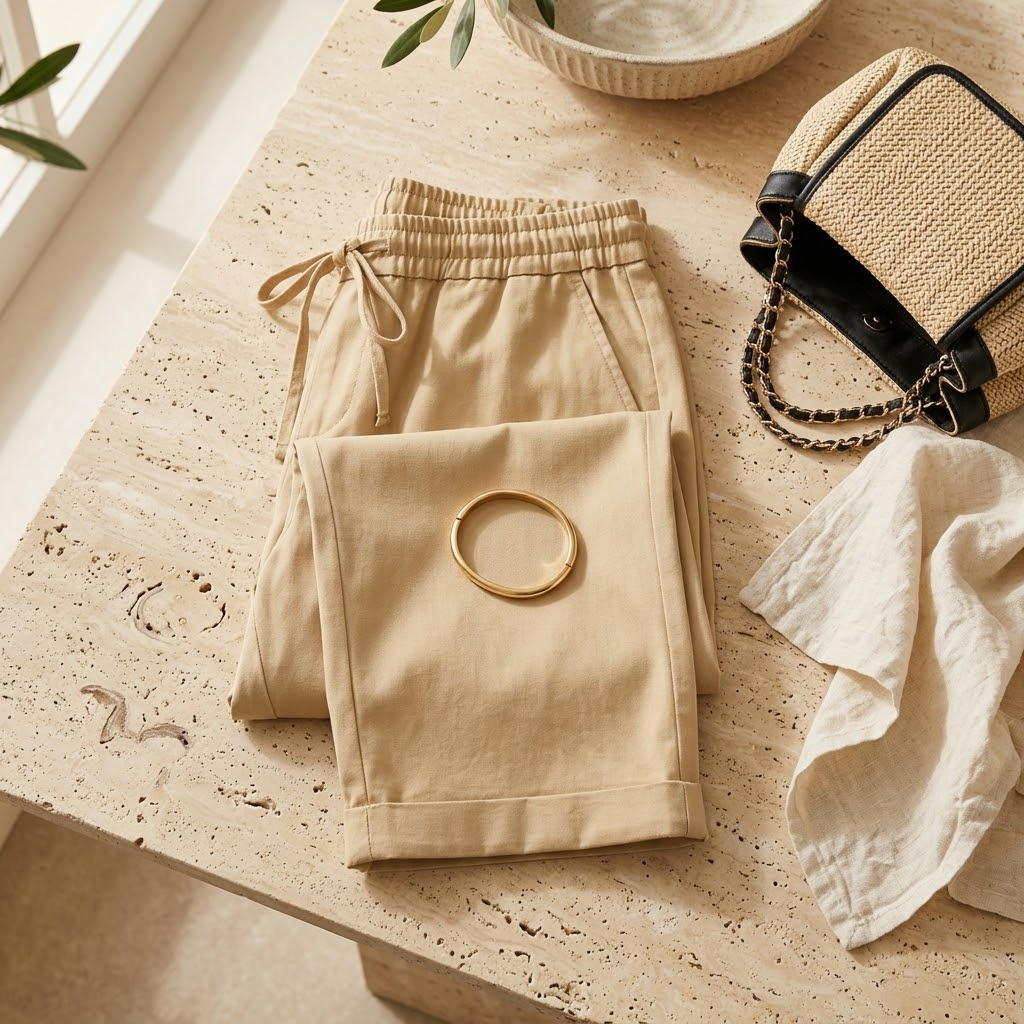 SOLENNA | COTTON-LINEN DRAWSTRING CAPRI TROUSERS FOR WOMEN
