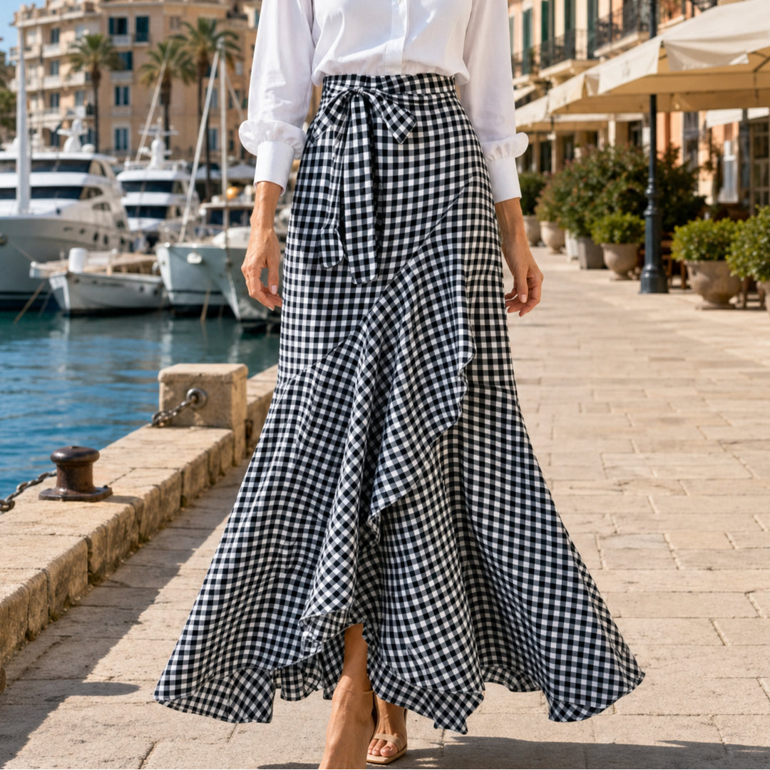 VELUNA | GINGHAM ASYMMETRICAL RUFFLE SKIRT FOR WOMEN