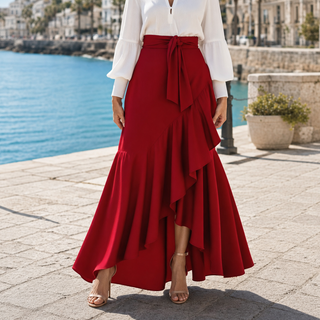 VELUNA | GINGHAM ASYMMETRICAL RUFFLE SKIRT FOR WOMEN