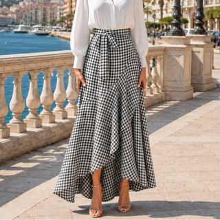 VELUNA | GINGHAM ASYMMETRICAL RUFFLE SKIRT FOR WOMEN