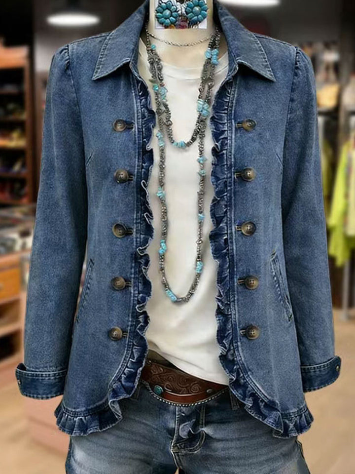 NADINE | MEDIUM BLUE RUFFLES JACKET FOR WOMEN