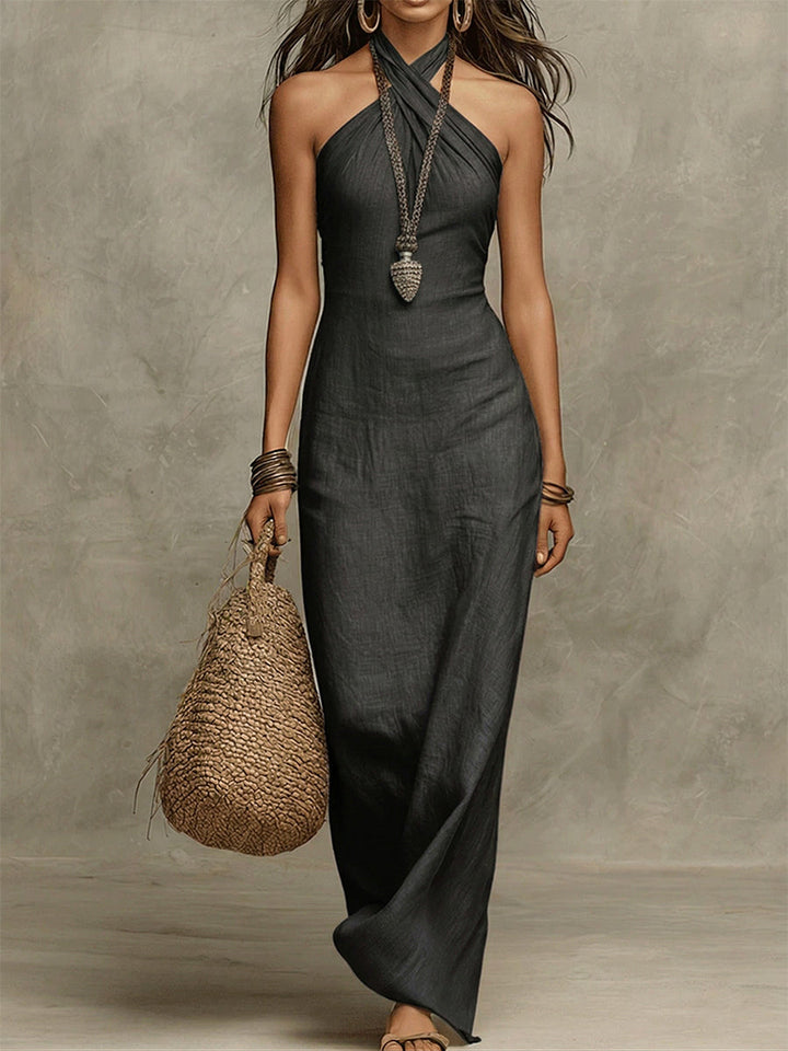 AVELINA | COTTON-LINEN MAXI COLLARED DRESS FOR WOMEN