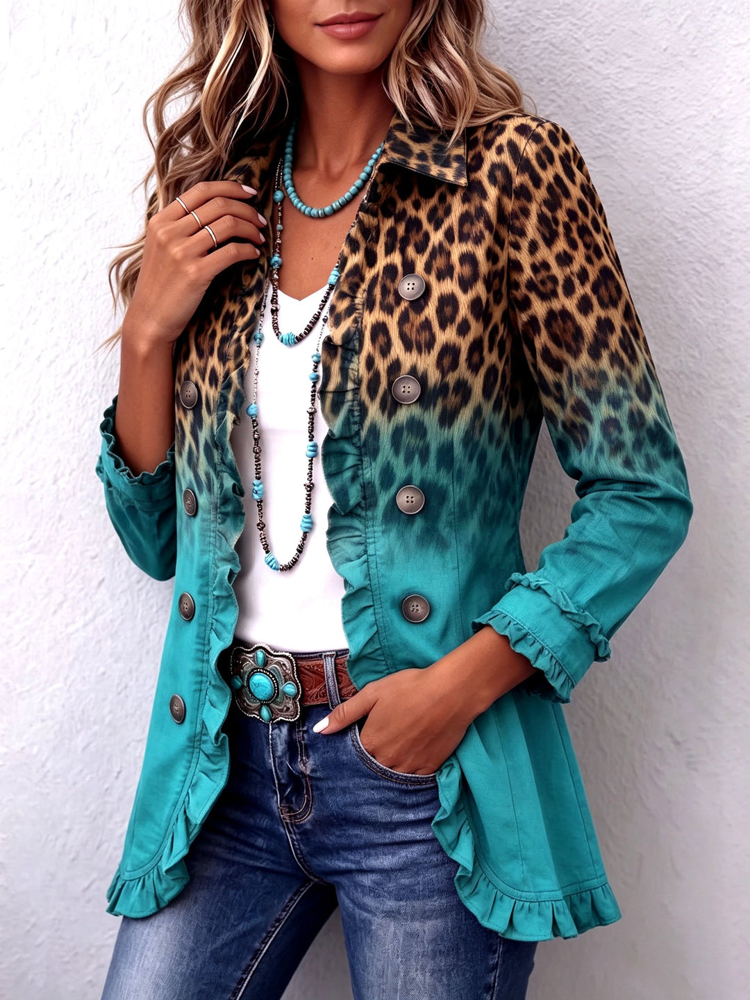CASSANDRE | OMBRE LEOPARD RUFFLE-TRIM BLAZER FOR WOMEN