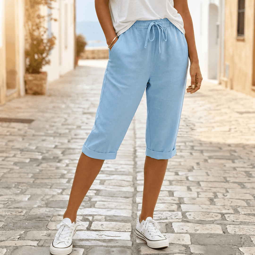 SOLENNA | COTTON-LINEN DRAWSTRING CAPRI TROUSERS FOR WOMEN