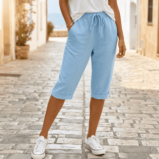 SOLENNA | COTTON-LINEN DRAWSTRING CAPRI TROUSERS FOR WOMEN