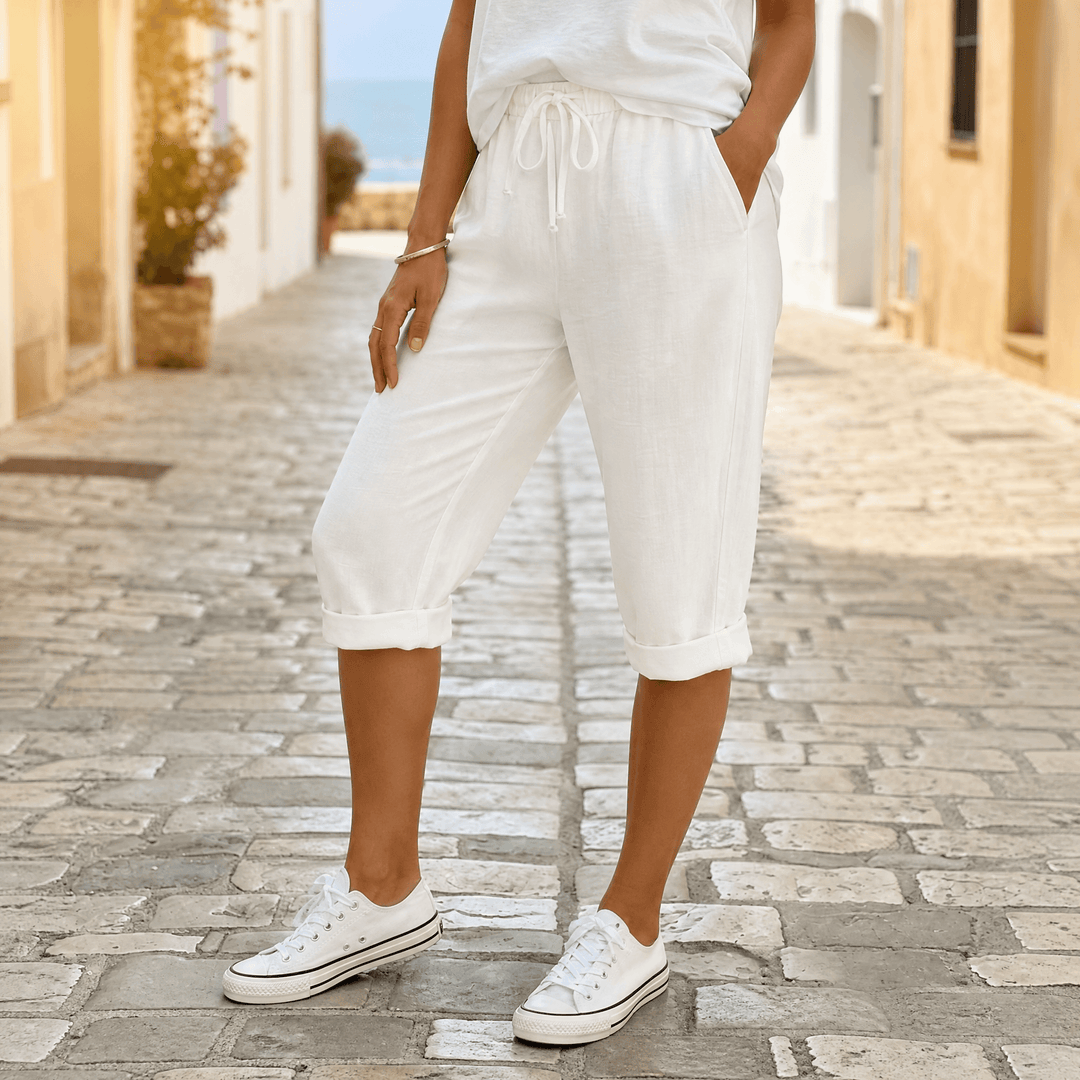 SOLENNA | COTTON-LINEN DRAWSTRING CAPRI TROUSERS FOR WOMEN