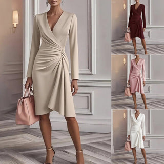 PERNILLE | DRAPED V-NECK MIDI DRESS FOR WOMEN