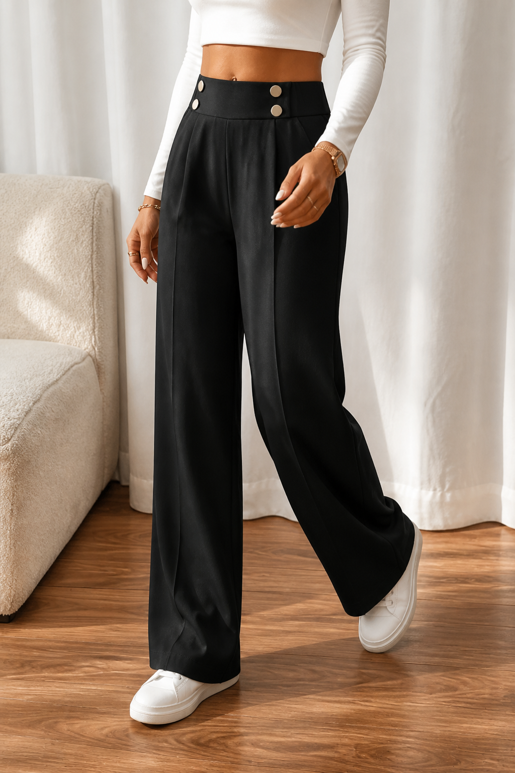 WEARBELLA | METALLIC-BUTTON WIDE-LEG HIGH-WAIST TROUSERS FOR WOMEN