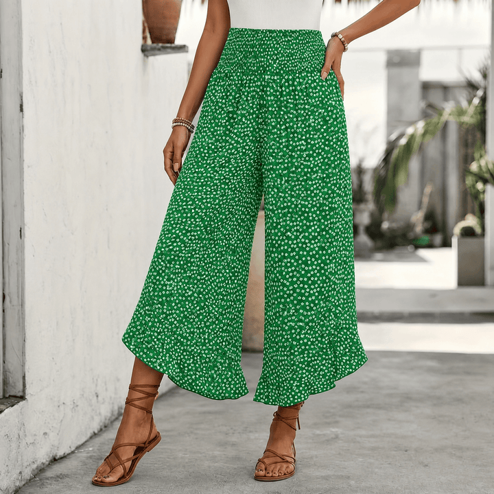 VELURA | SMOCKED WIDE-LEG RUFFLE PANTS FOR WOMEN