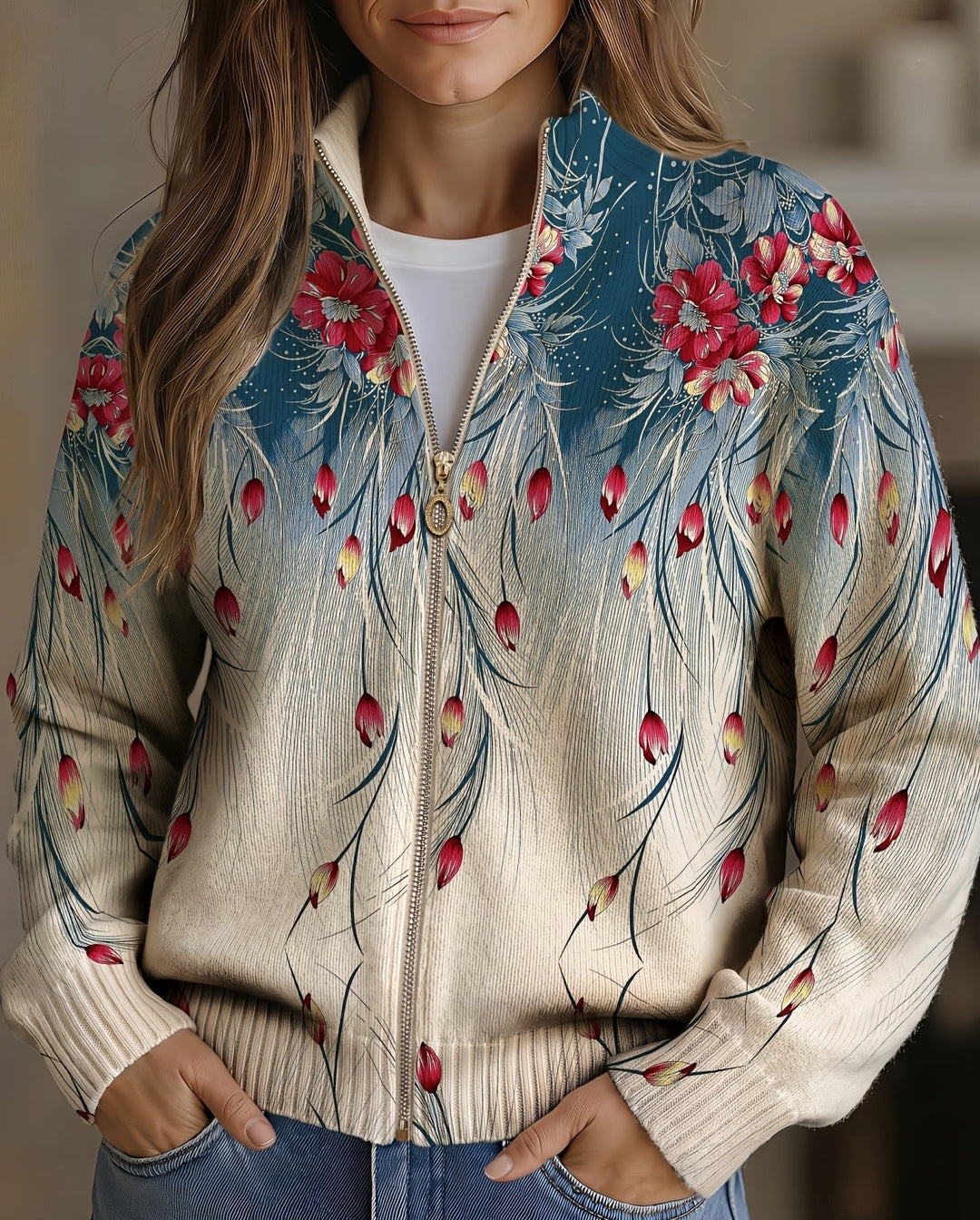 LIDIA | FLORAL PEACOCK FEATHER CARDIGAN FOR WOMEN